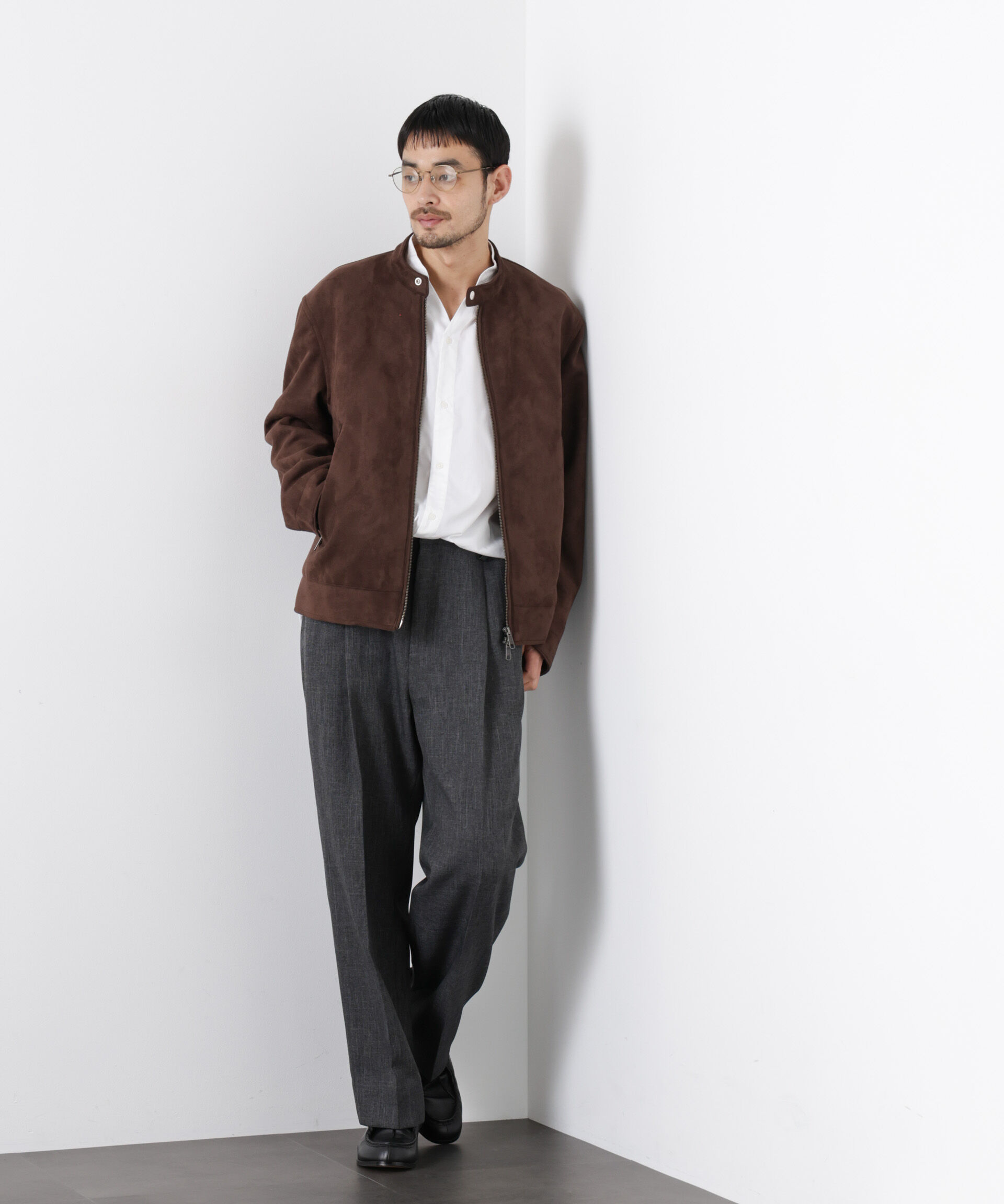 nano･universe「フェイクスエードバンドカラーライダースジャケット」|ブルゾン・スタジャン|