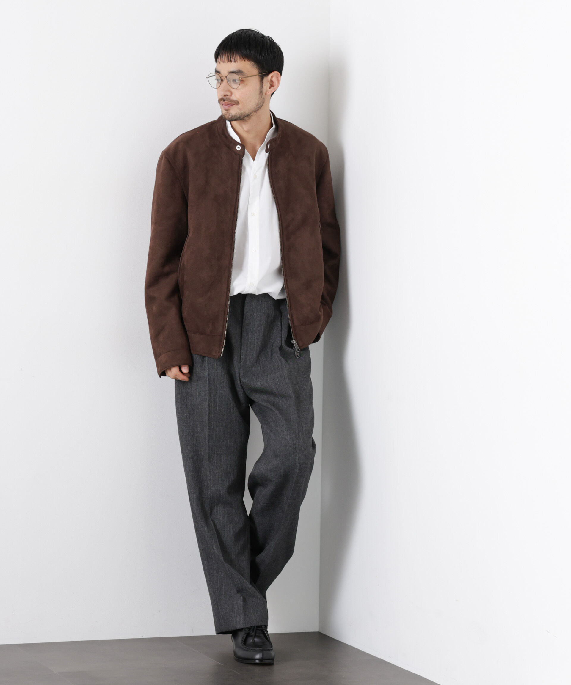 nano･universe「フェイクスエードバンドカラーライダースジャケット」|ブルゾン・スタジャン|