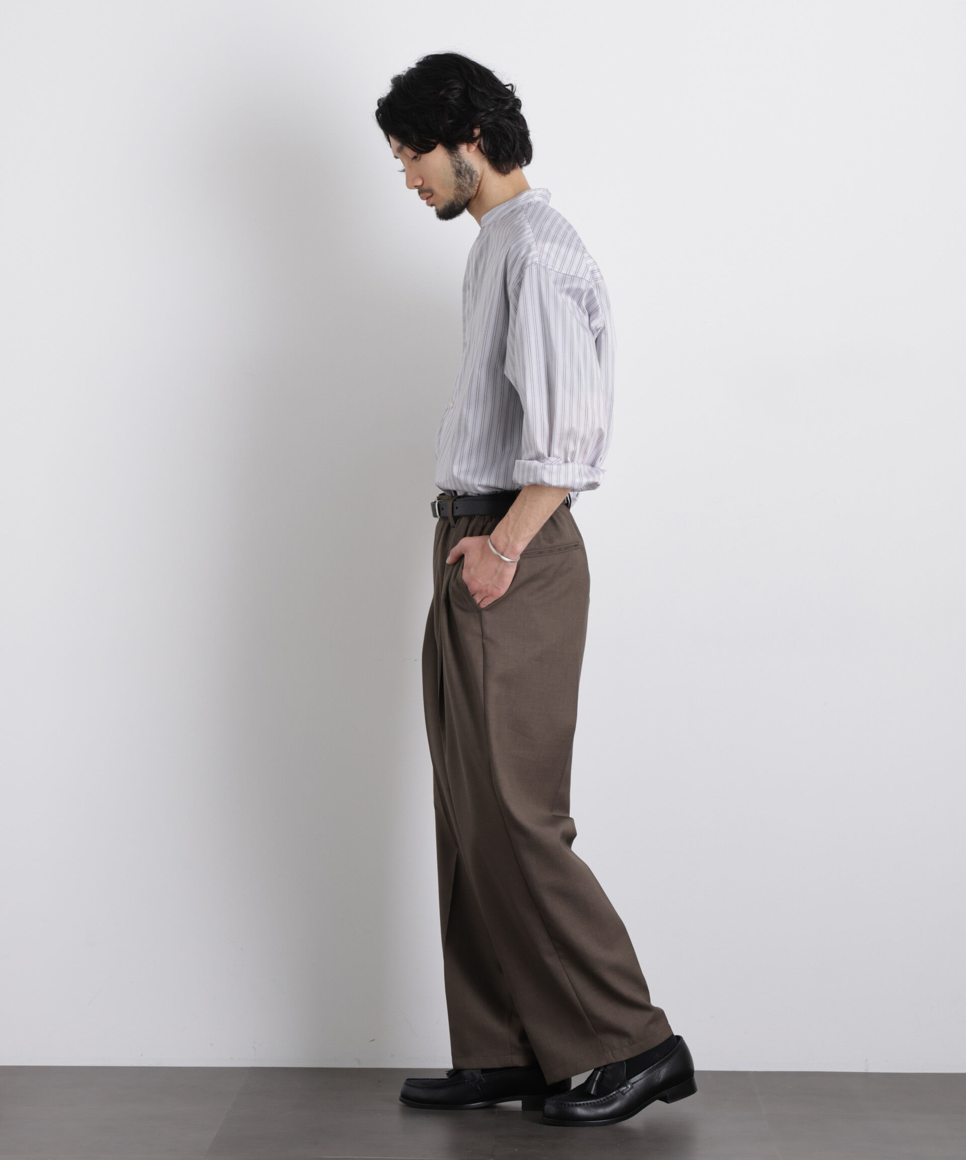 nano･universe「「OtoNANO」大人のワイドシャツバンドカラー ストライプ長袖」|シャツ・ブラウス|