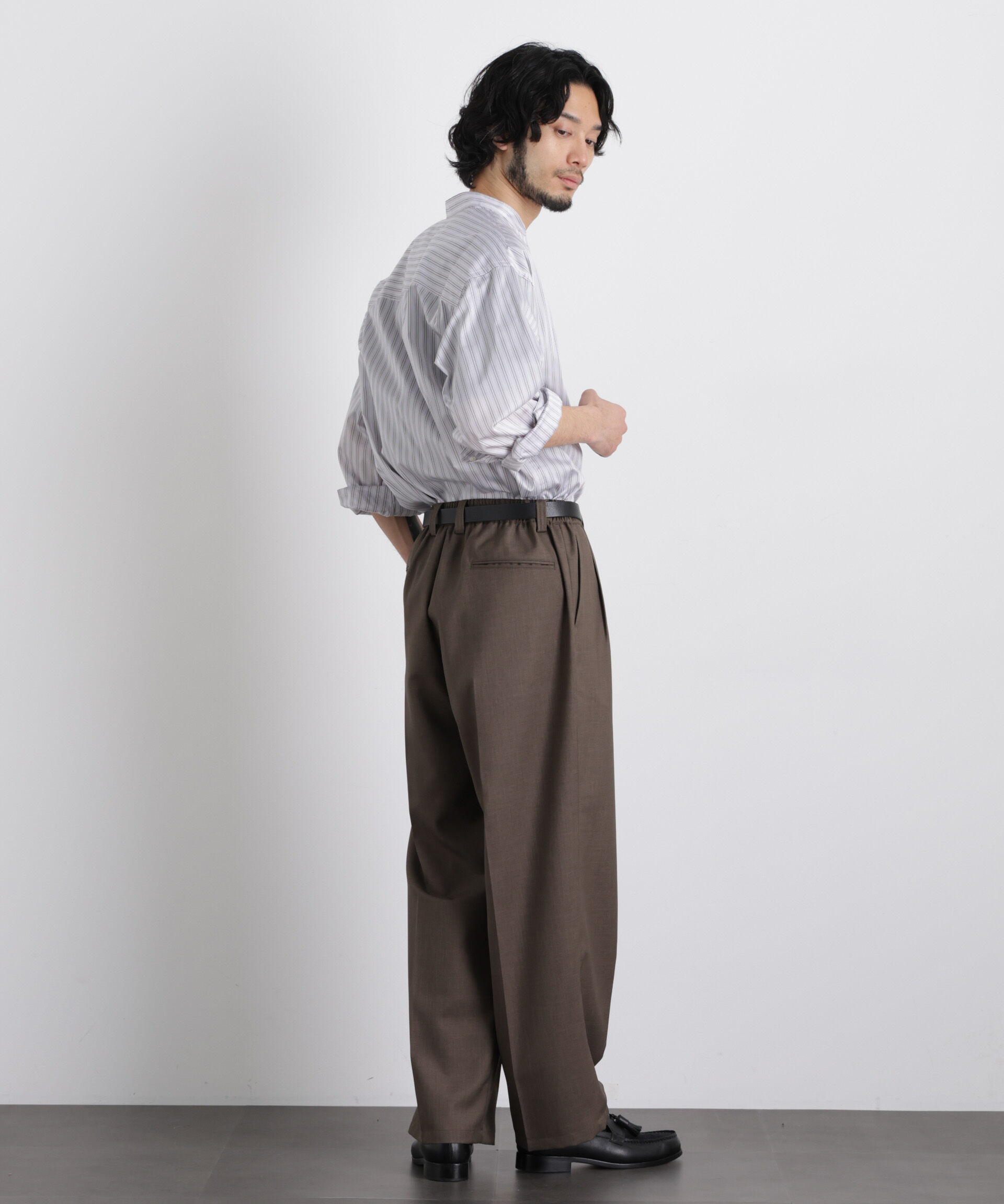 nano･universe「「OtoNANO」大人のワイドシャツバンドカラー ストライプ長袖」|シャツ・ブラウス|