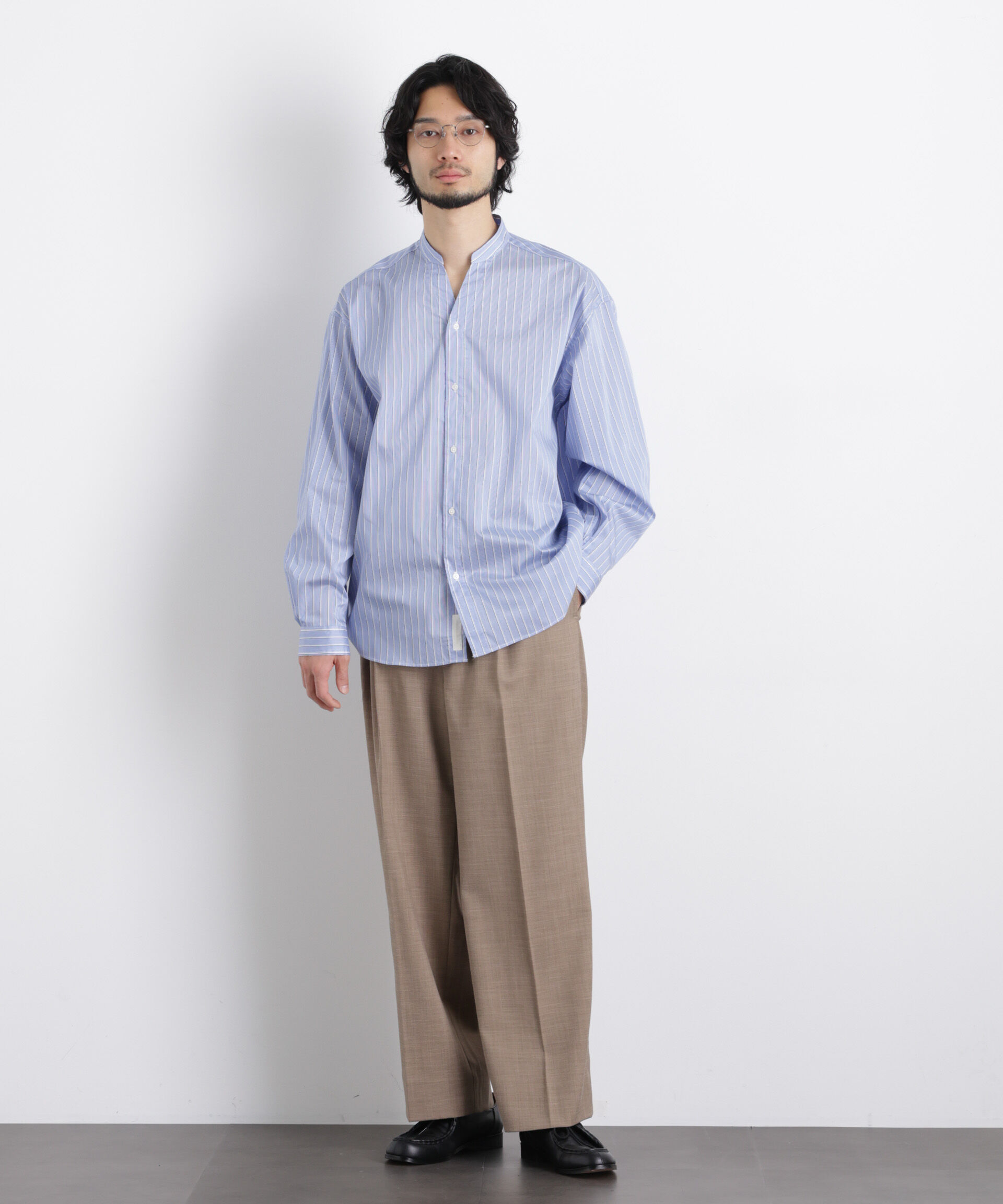 nano･universe「「OtoNANO」大人のワイドシャツバンドカラー ストライプ長袖」|シャツ・ブラウス|