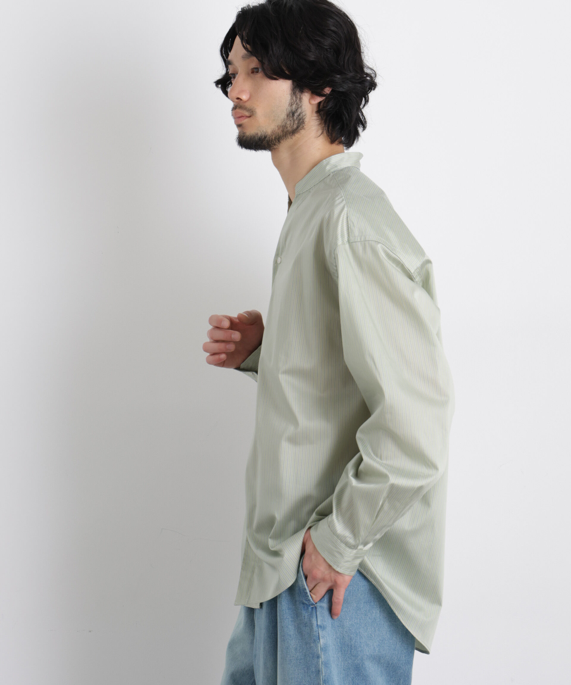 nano･universe「「OtoNANO」大人のワイドシャツバンドカラー ストライプ長袖」|シャツ・ブラウス|