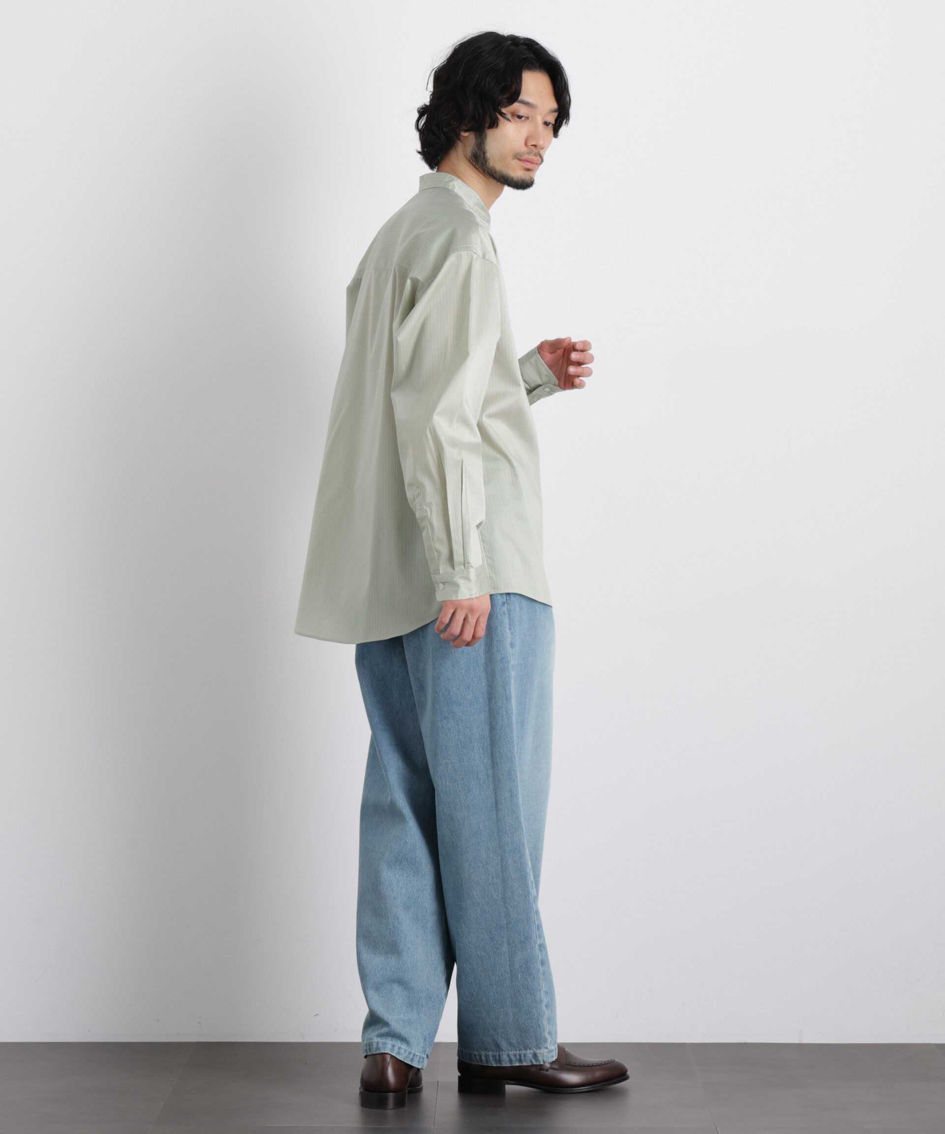 nano･universe「「OtoNANO」大人のワイドシャツバンドカラー ストライプ長袖」|シャツ・ブラウス|