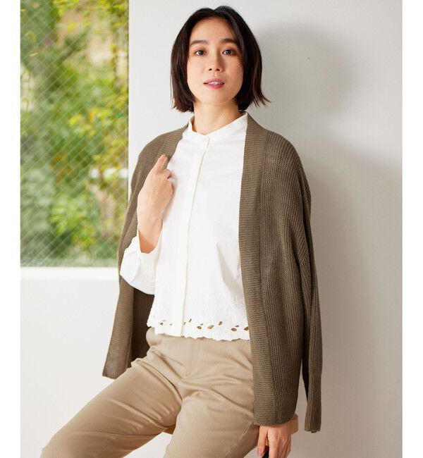 自由区「【WEB限定カラーあり・洗える】リネンミドルゲージニット カーディガン」|カーディガン|カーキ