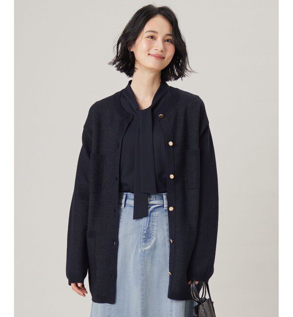 自由区「【洗える】シャイニーツイードニット アウター」|カーディガン|ネイビー