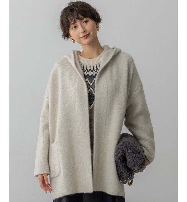 23区「【洗える】ラクーンブレンドダブルフェイス フーディー ニットカーディガン」|カーディガン|アイボリー系