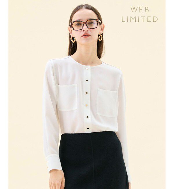 BEIGE,「【WEB限定・洗える】CLARION / ゴールド釦クルーネックブラウス」|シャツ・ブラウス|White
