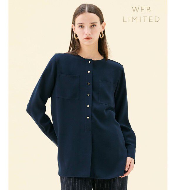 BEIGE,「【WEB限定・洗える】CLARION / ゴールド釦クルーネックブラウス」|シャツ・ブラウス|Navy