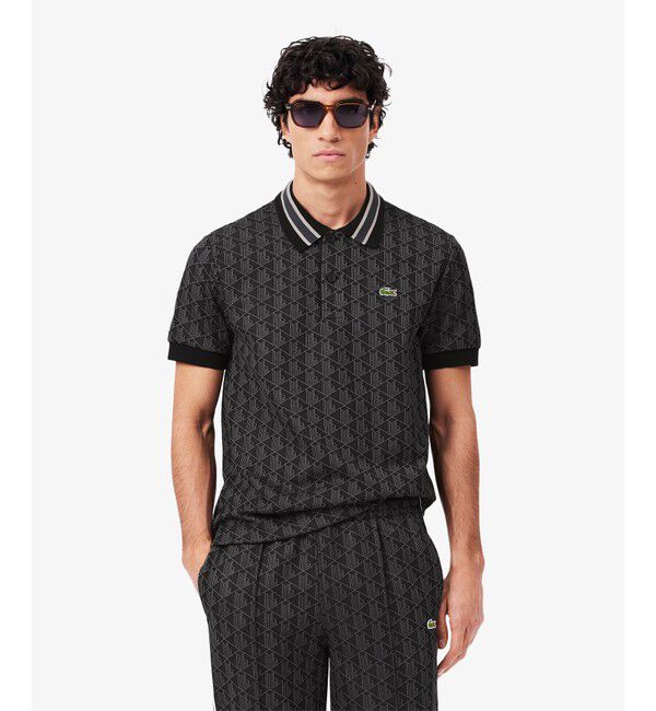 LACOSTE「モノグラムジャカード半袖ポロシャツ」|ポロシャツ|ブラック