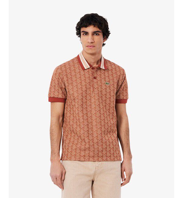 LACOSTE「モノグラムジャカード半袖ポロシャツ」|ポロシャツ|ブラウン