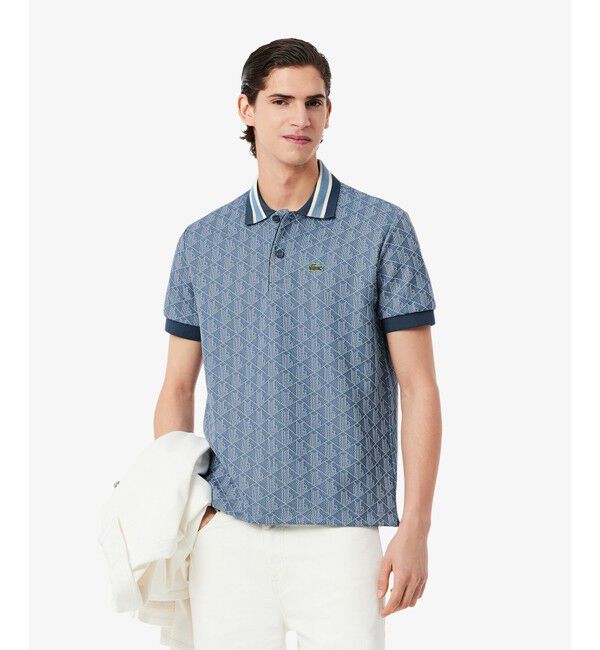 LACOSTE「モノグラムジャカード半袖ポロシャツ」|ポロシャツ|グレイッシュブルー