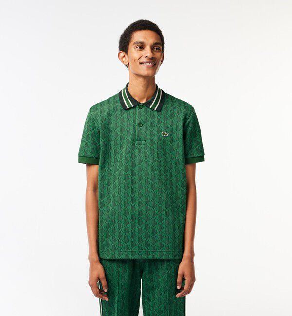 LACOSTE「モノグラムジャカード半袖ポロシャツ」|ポロシャツ|ダークグリーン