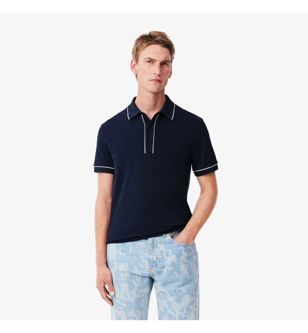 LACOSTE「オーガニックコットン ストレッチ鹿の子 配色パイピング比翼ポロシャツ」|ポロシャツ|ネイビー
