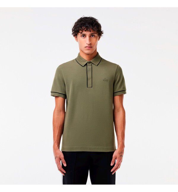LACOSTE「オーガニックコットン ストレッチ鹿の子 配色パイピング比翼ポロシャツ」|ポロシャツ|モスグリーン
