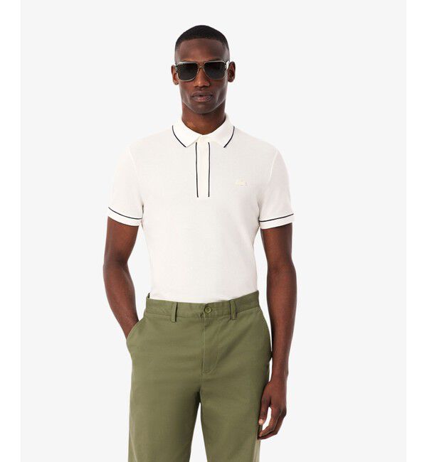 LACOSTE「オーガニックコットン ストレッチ鹿の子 配色パイピング比翼ポロシャツ」|ポロシャツ|オフホワイト