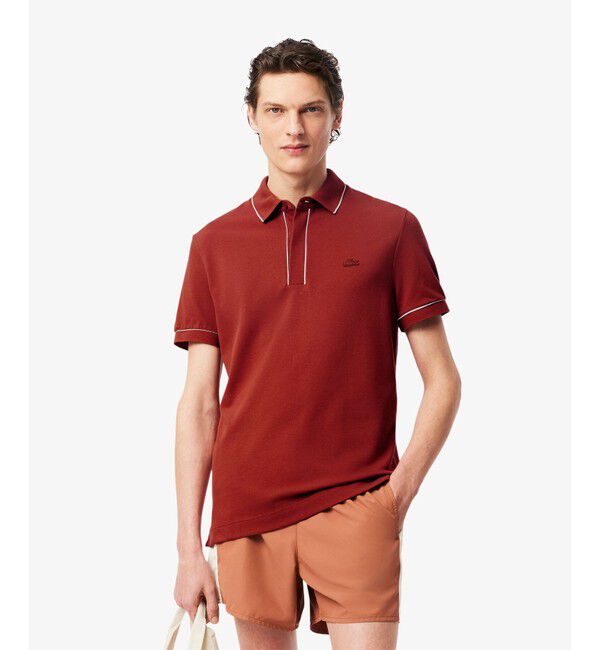 LACOSTE「オーガニックコットン ストレッチ鹿の子 配色パイピング比翼ポロシャツ」|ポロシャツ|ブラウン