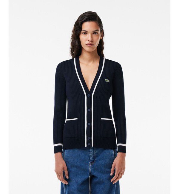 LACOSTE「3Dニットカーディガン」|カーディガン|ネイビー&times;ホワイト