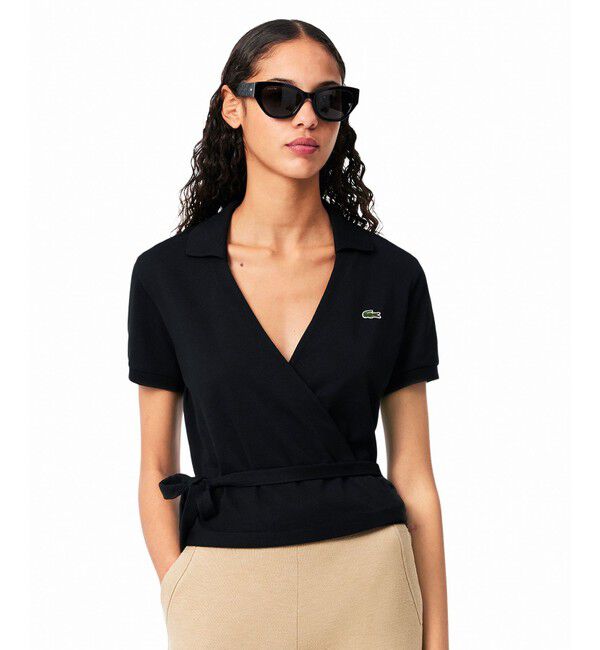 LACOSTE「ハイストレッチ 鹿の子 ラップフロント クロップド丈半袖ポロシャツ」|ポロシャツ|ブラック