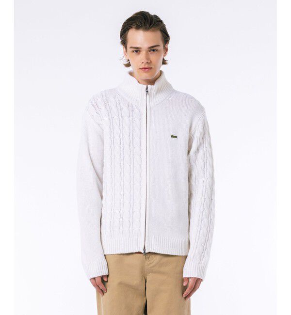 LACOSTE「クレイジーニッティングハイネックジップカーディガン / ダブルジップ ドライバーズニット」|カーディガン|オフホワイト