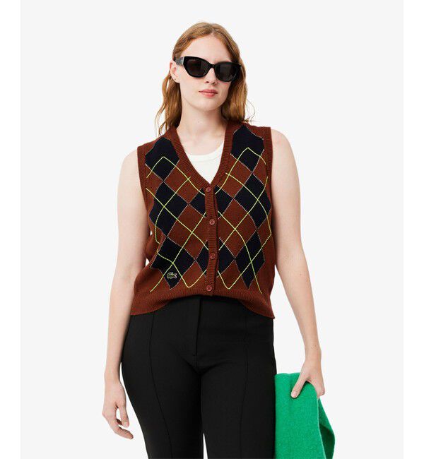 LACOSTE「アーガイル柄 ジャガード織り ニットベスト / ウールベスト」|カーディガン|ブラウン