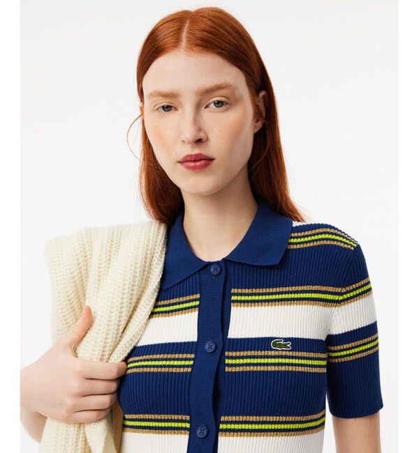 LACOSTE「ポロカラーリブニットボーダーシャツドレス」|ワンピース|