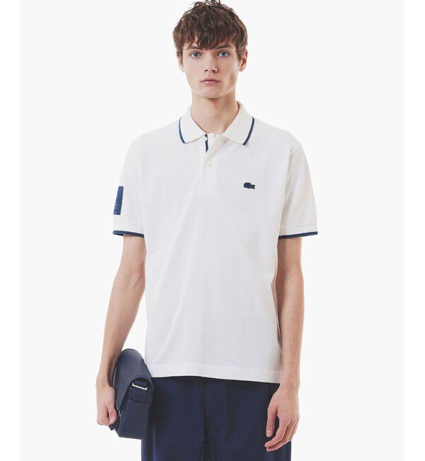 LACOSTE「スリーブネームパッチ 配色ライン鹿の子地ポロシャツ」|ポロシャツ|ダークブルー
