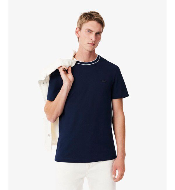 LACOSTE「配色ラインドリブネック鹿の子地 半袖Tシャツ」|Tシャツ・カットソー|ネイビー