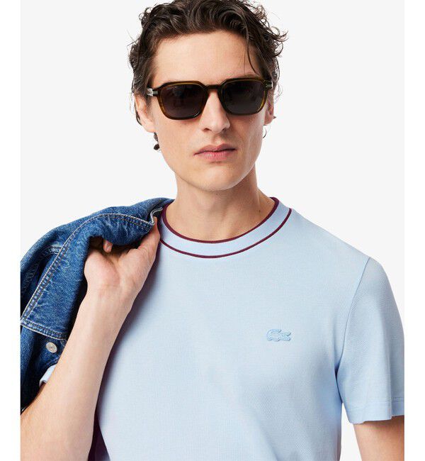 LACOSTE「配色ラインドリブネック鹿の子地 半袖Tシャツ」|Tシャツ・カットソー|
