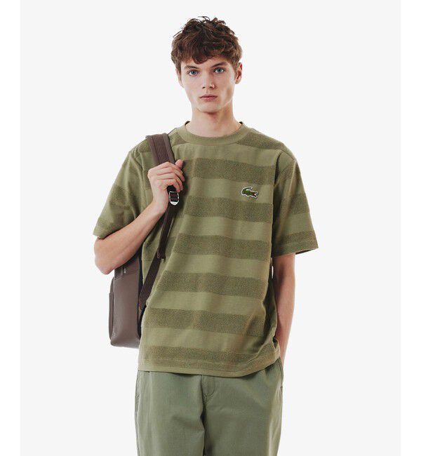LACOSTE「オーバーサイズ パイル地切り替え同色ボーダーTシャツ」|Tシャツ・カットソー|カーキ