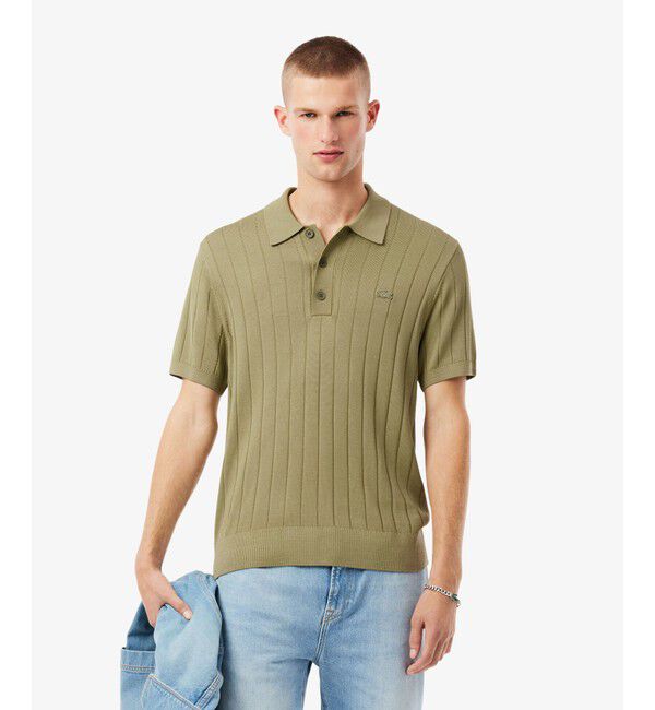 LACOSTE「ハイゲージリブニットポロシャツ」|ニット・セーター|オリーブ