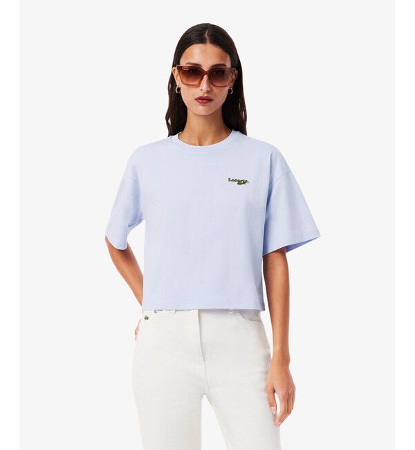 LACOSTE「ネーム＆ワニロゴパッチクロップド半袖Tシャツ」|Tシャツ・カットソー|アクア