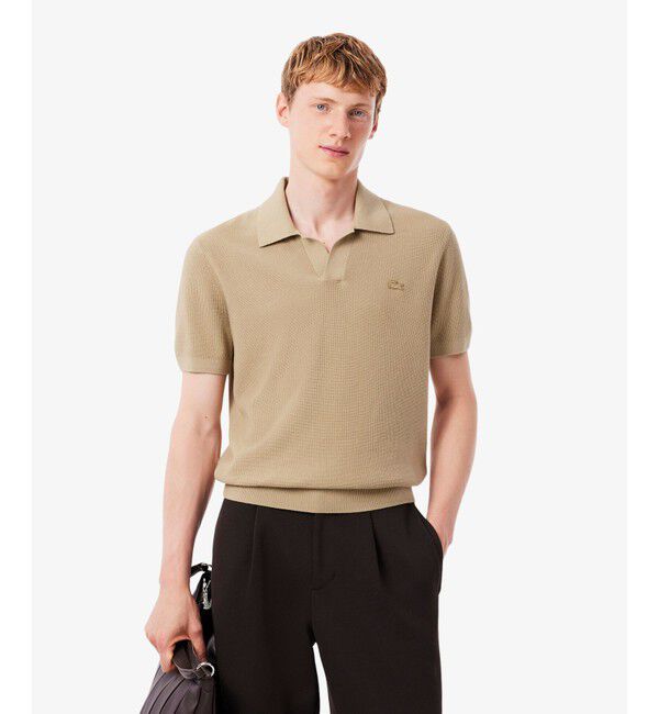LACOSTE「オープンカラーワッフルニット」|ニット・セーター|ベージュ