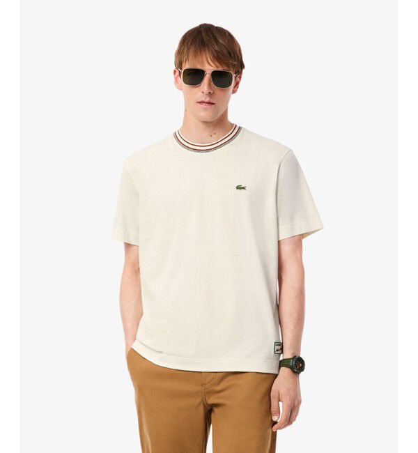 LACOSTE「ボーダーリブネックフレンチメイドTシャツ」|Tシャツ・カットソー|オフホワイト