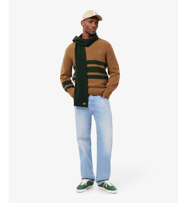 LACOSTE「アシンメトリーボーダーVネック ウールニットセーター」|ニット・セーター|