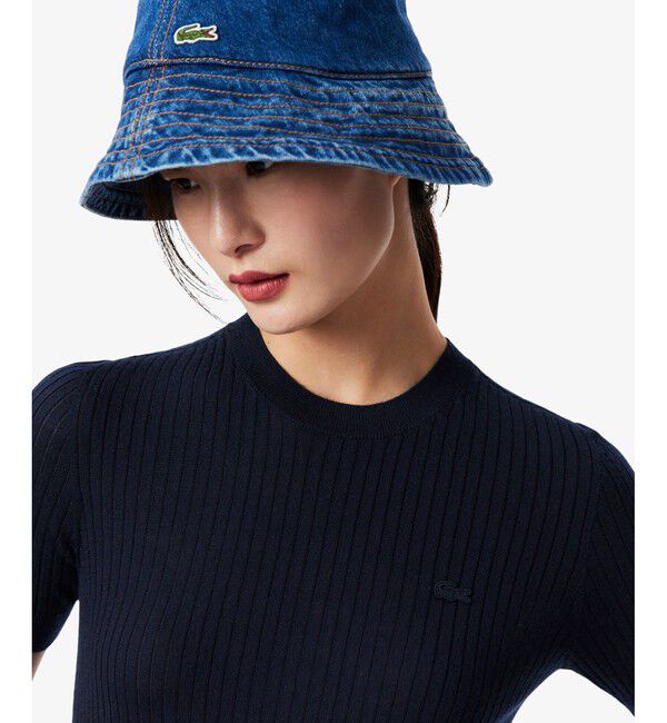 LACOSTE「3Dニッティングショートスリーブメリノウール ハイゲージニットセーター」|ニット・セーター|ネイビー