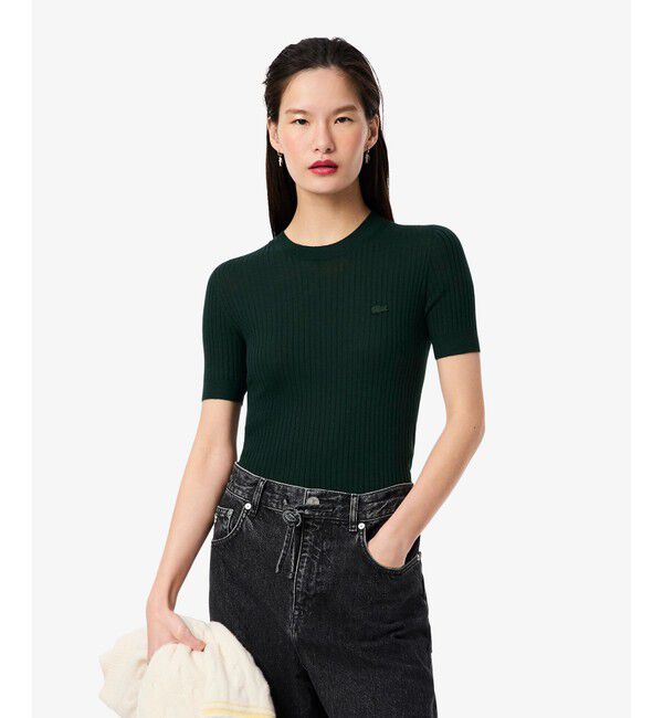 LACOSTE「3Dニッティングショートスリーブメリノウール ハイゲージニットセーター」|ニット・セーター|ダークグリーン