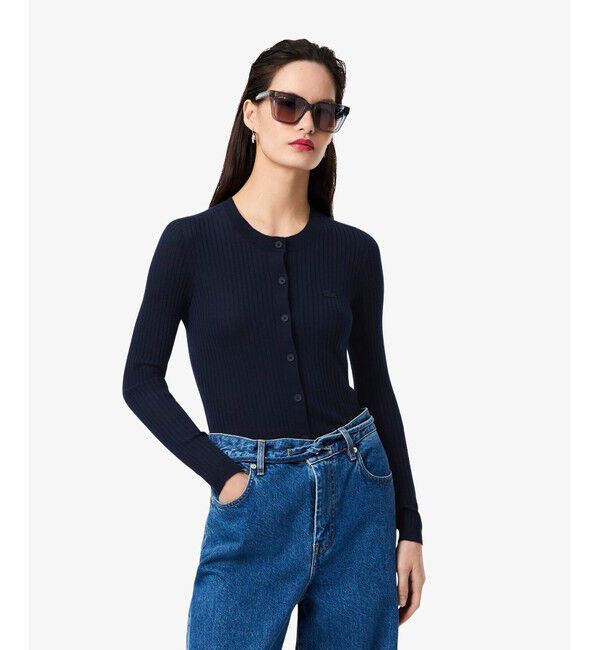 LACOSTE「3Dニッティングメリノウール ハイゲージニットカーディガン」|カーディガン|ネイビー