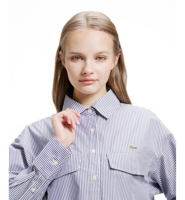 LACOSTE「ダブルポケット クロップド丈 ストライプシャツ」|シャツ・ブラウス|