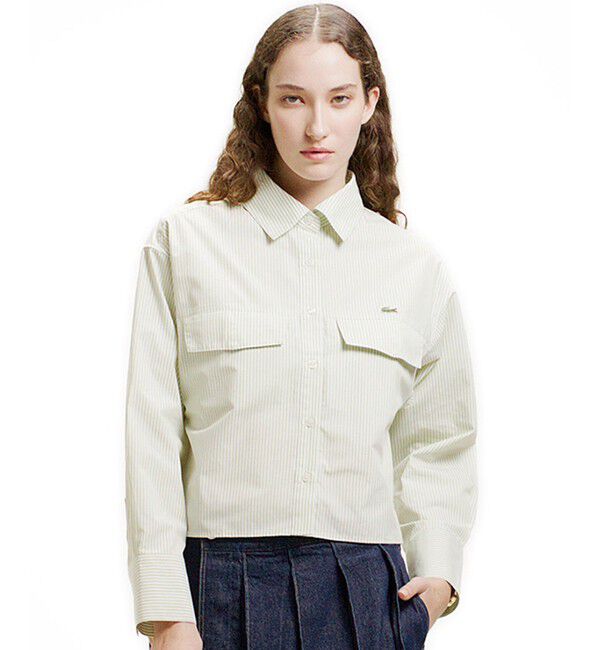 LACOSTE「ダブルポケット クロップド丈 ストライプシャツ」|シャツ・ブラウス|セージグリーン