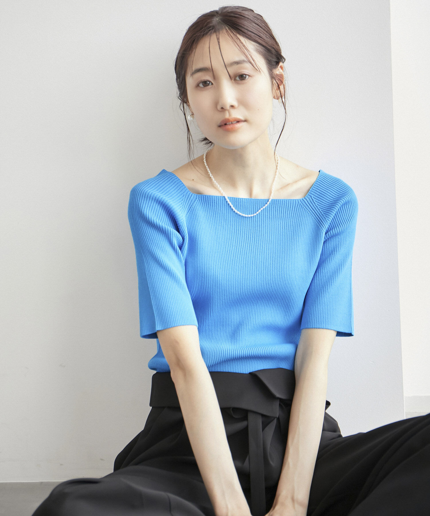 Rope&rsquo;Picnic「Beauty knit/UVカット・洗濯機OK/スクエアネックリブニットプルオーバー」|ニット・セーター|ターコイズ(49)