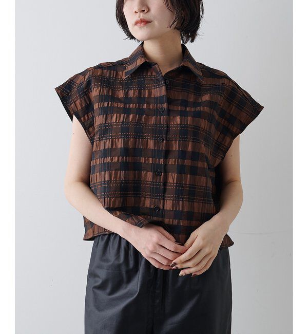  「【Drawing Numbers】チェックジャガードフレンチシャツ」|シャツ・ブラウス|ブラウン