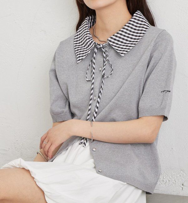  「ギンガムチェック襟付きカーディガン」|カーディガン|グレー