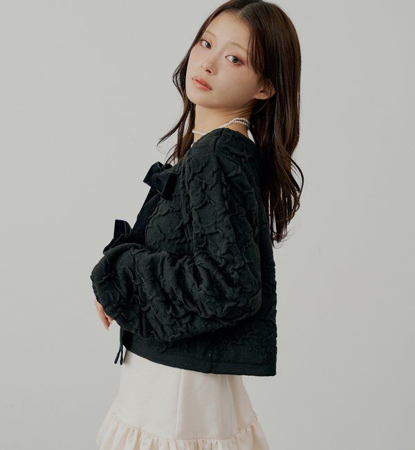  「【SALON by Chico】前後2wayフロントリボン配色カーディガン」|カーディガン|