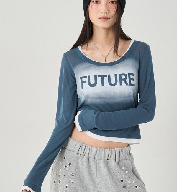  「スプレーロゴレイヤードシアートップス」|Tシャツ・カットソー|ネイビー