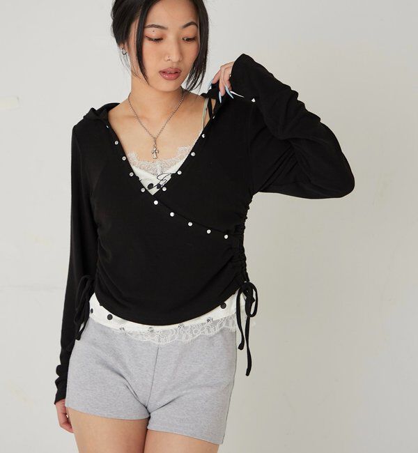  「スタッズリブカシュクールフーディ」|パーカー|