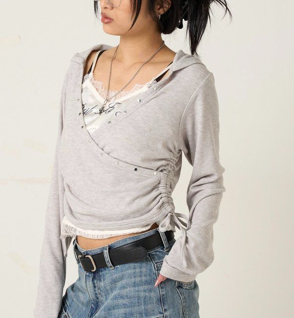  「スタッズリブカシュクールフーディ」|パーカー|グレー