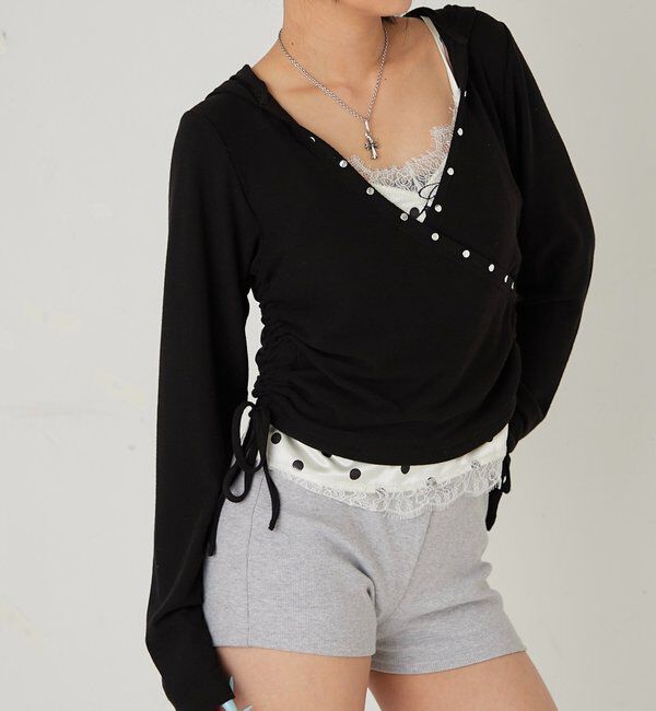  「スタッズリブカシュクールフーディ」|パーカー|ブラック