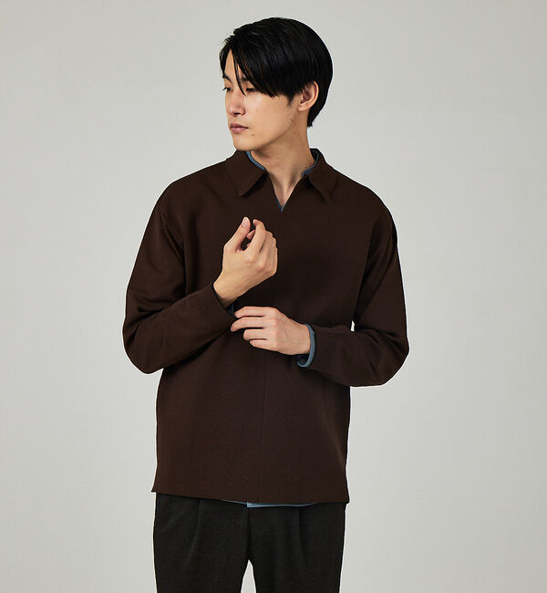 ABAHOUSE「【ナチュラルストレッチ】スキッパー ニットポロシャツ」|ポロシャツ|ブラウン