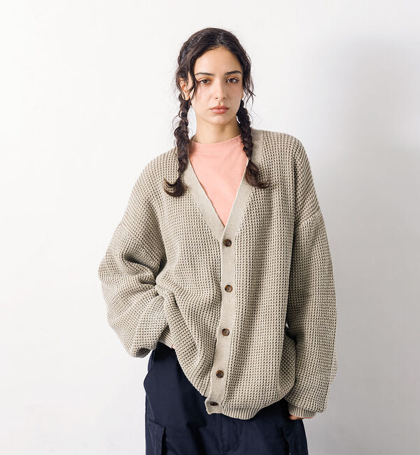 ABAHOUSE「【Revo.レボ】パウダーブリーチ加工ワッフルコットンニットカーディガン/ユニセ」|カーディガン|グレージュ