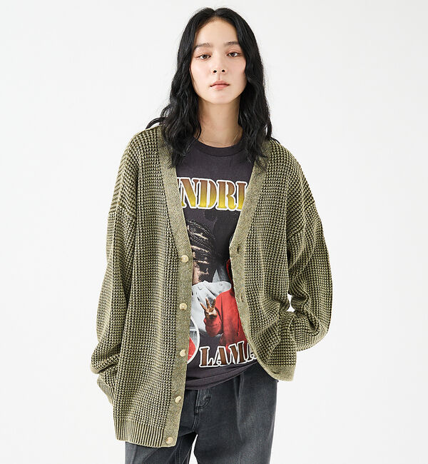 ABAHOUSE「【Revo.レボ】パウダーブリーチ加工ワッフルコットンニットカーディガン/ユニセ」|カーディガン|カーキ